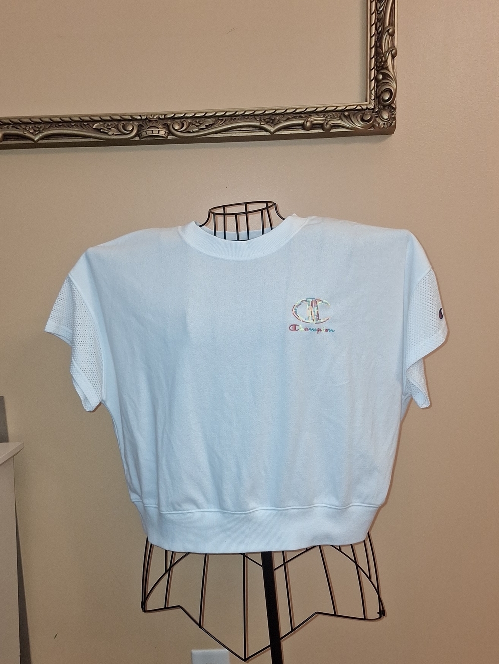 Champion White Short Sleeve Cropped Sweatshirt with Rainbow Logo Sz M